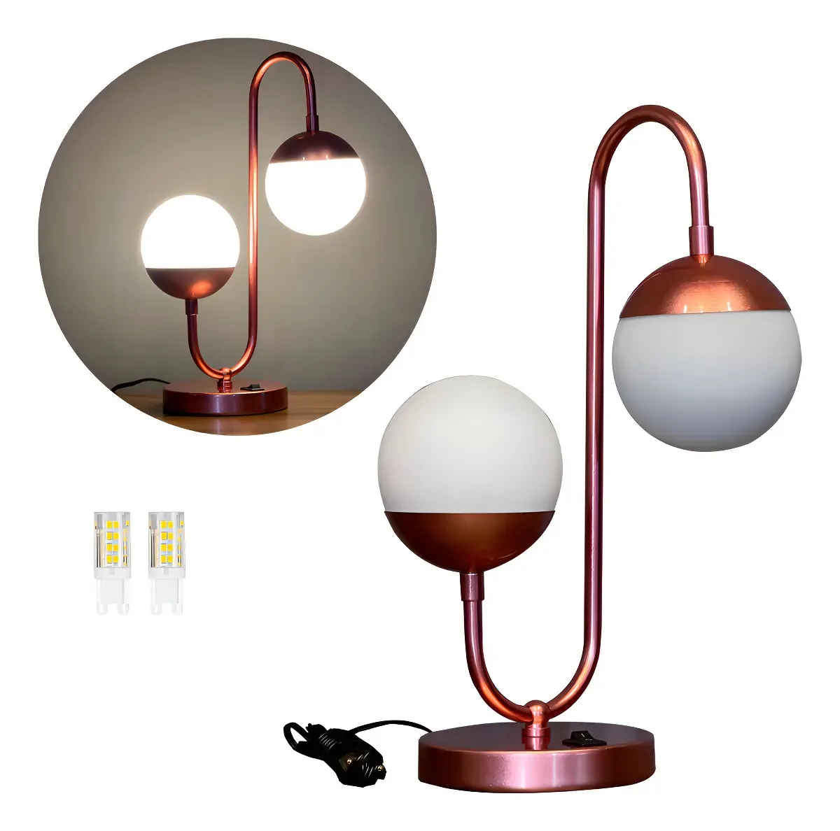 Abajur Jabuticaba Jennifer 2 Globos Luz Branco Quente Cúpula Globo Leitoso Fosco Estrutura Rose Gold Brilhoso