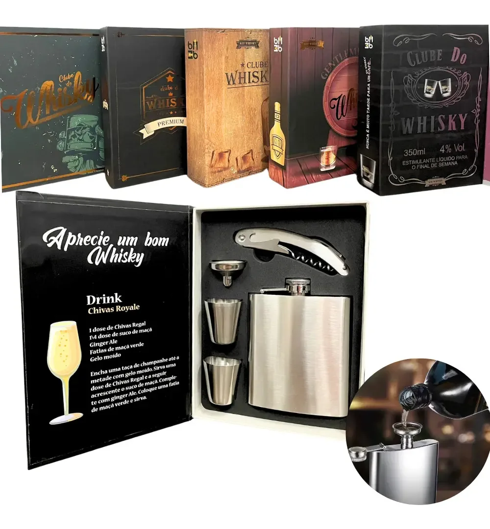 Kit Cantil Porta Bebidas Whisky Presente Premium Cor Preto Lisa