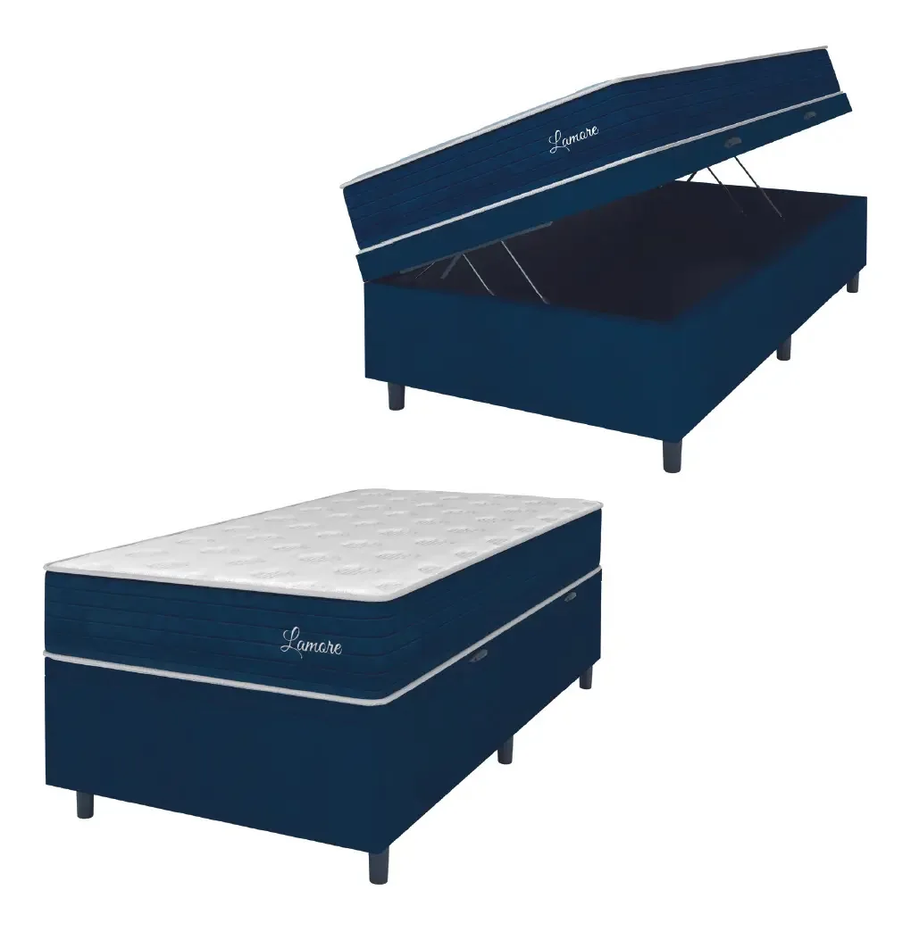 Cama Box Baú Solteiro Colchão Molas Ensacadas Lamore Azul