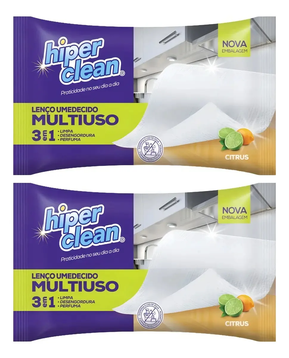 2 Unid. Lenços Umedecidos Hiperclean Limão 3em1 Pct. 20 Unid
