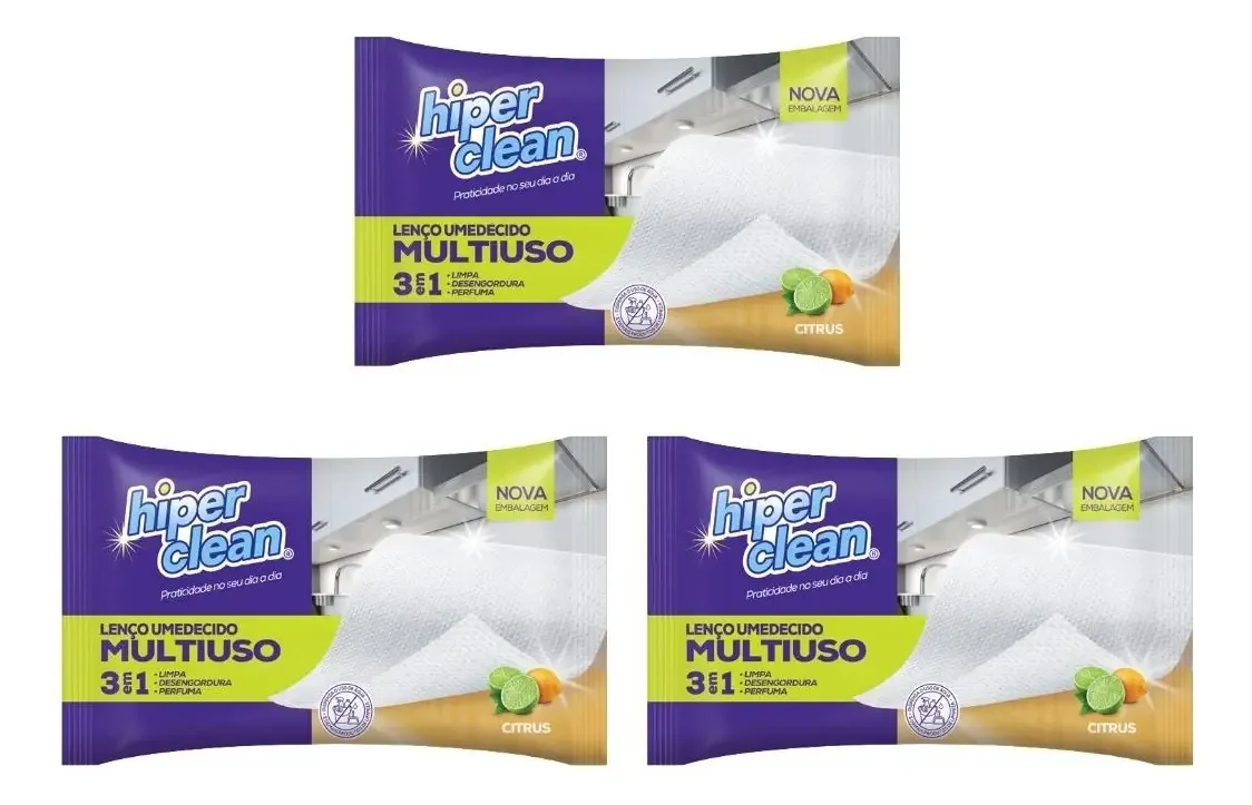 3 Unid. Lenços Umedecidos Hiperclean Limão 3em1 Pct. 20 Unid