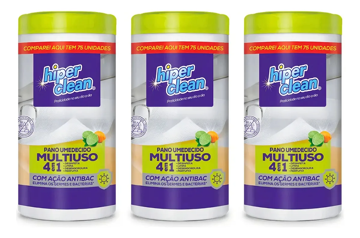 3 Unid Pote 75 Lenços Umedecido Hiperclean Desengordura 3em1