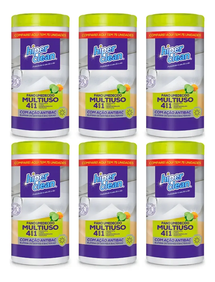 6 Unid Pote 75 Lenços Umedecido Hiperclean Desengordura 3em1