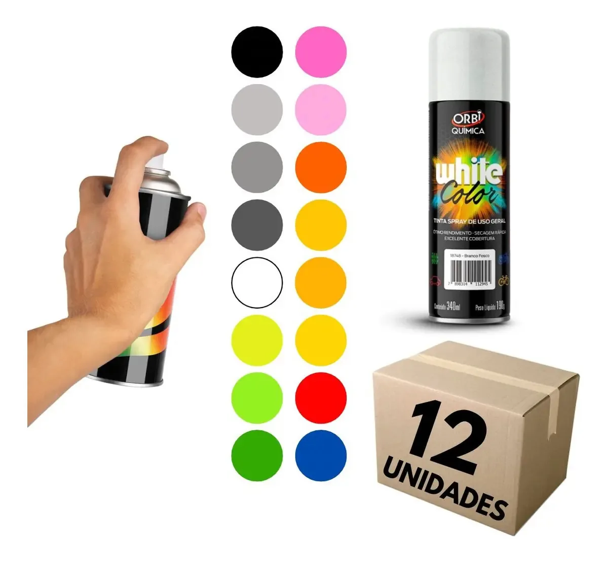 Kit 12 Tintas Spray Orbi Química Branco Fosco 340ml Secagem Rápida