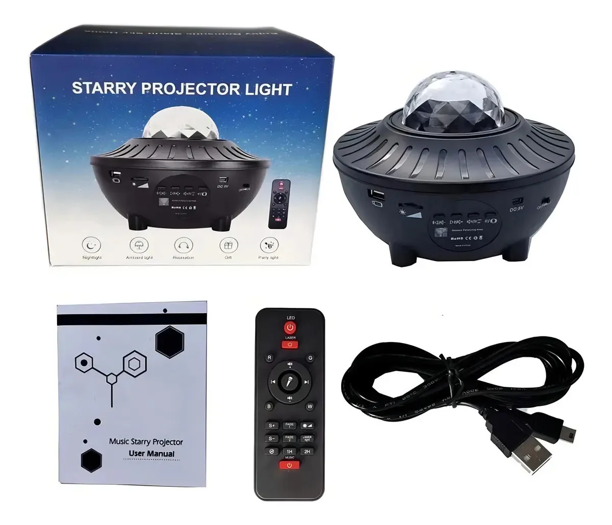 Luminária Projetor Musical Estrelas Bluetooth com Controle e USB