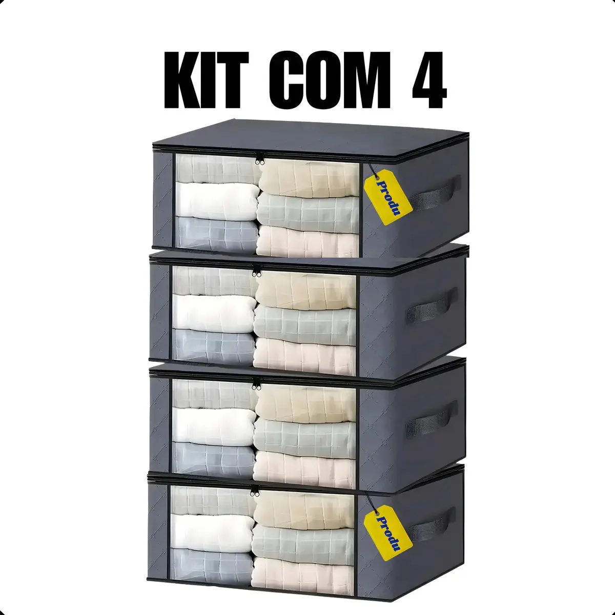 4 Caixas Organizadoras Guarda Roupa Edredom Cobertor Cor Cinza