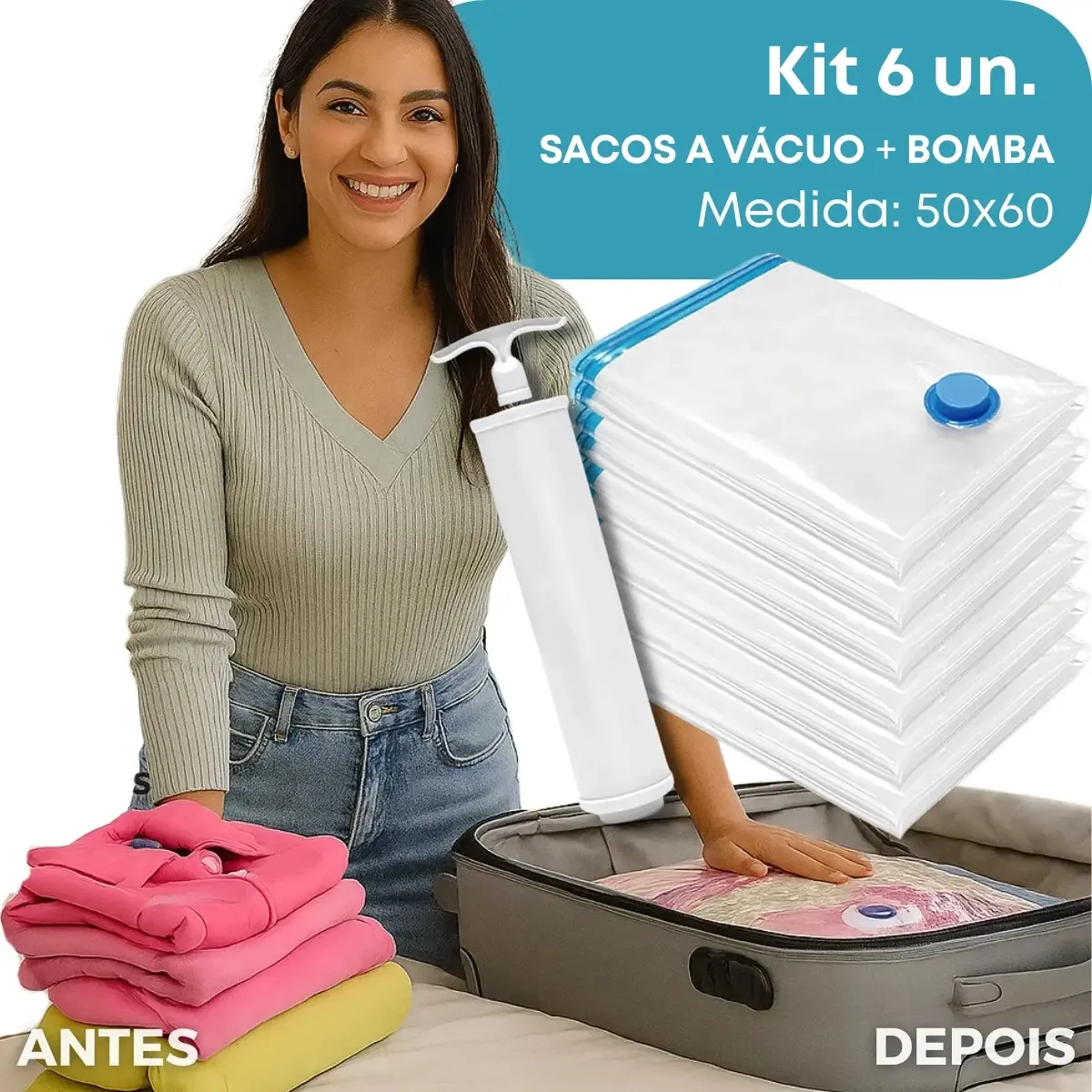 Kit 6 Sacos A Vácuo 50x60cm + Bomba Grátis | Ideal Para Casacos E Viagem