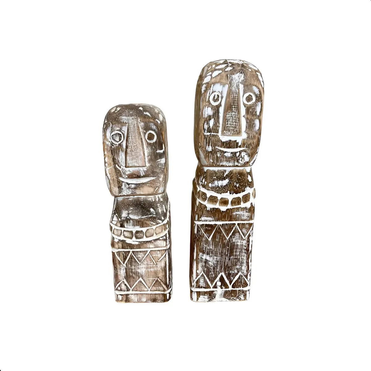 Conjunto 2 Esculturas Tribais Em Madeira Whitewash G 30x25