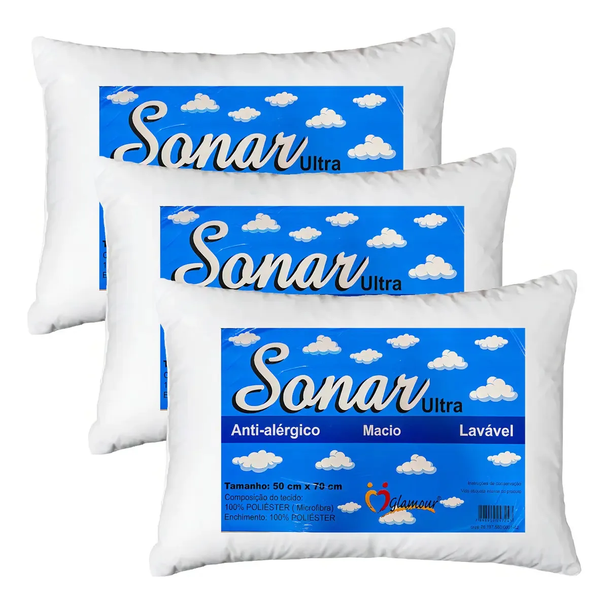 3 Travesseiros Macio Antialérgico Conforto Qualidade Sonar Cor Branco
