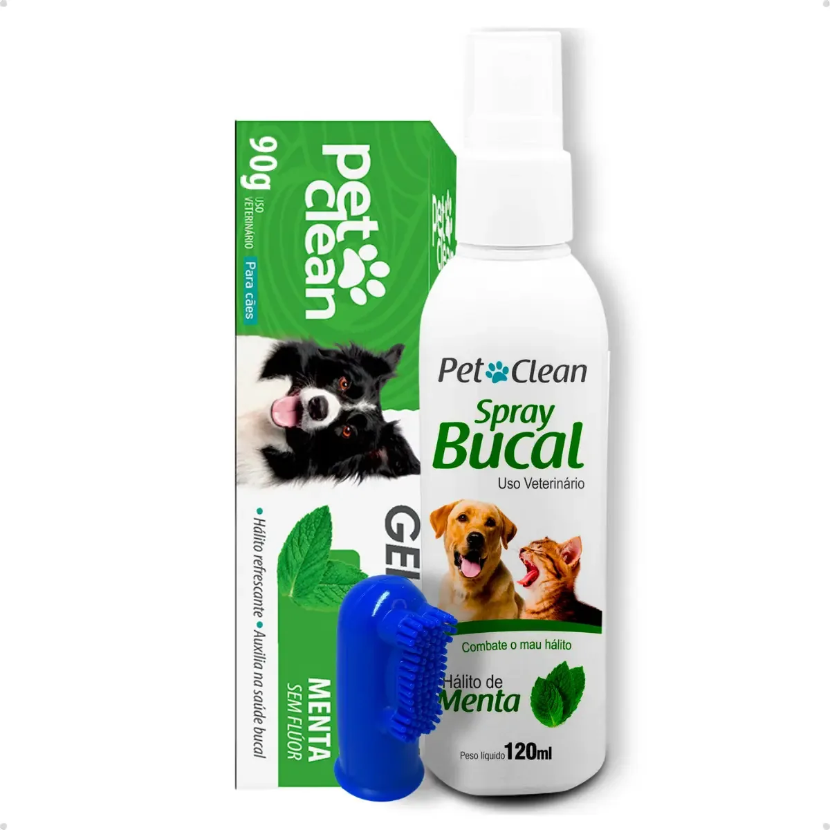 Kit Higiene Bucal Pet Clean Para Cães e Gatos Gel Dental Menta e Spray