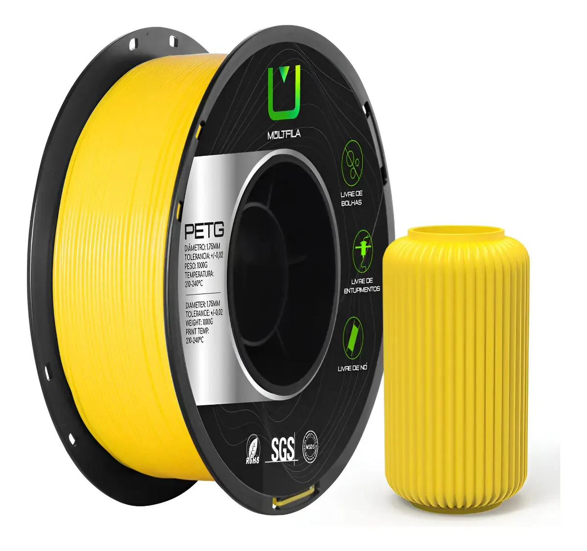 Filamento PETG Amarelo 1.75mm 1kg Multfila Impressão 3D Alta Precisão