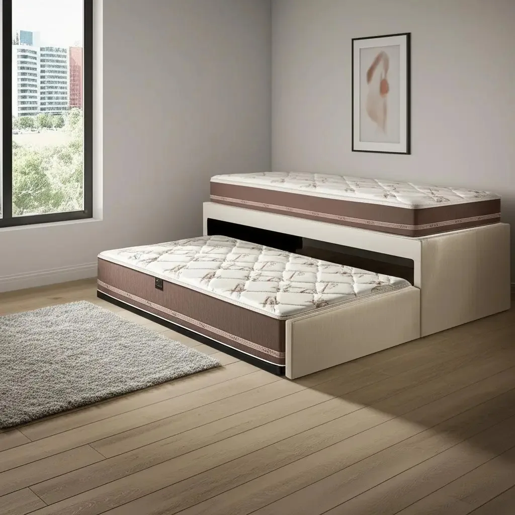 Bicama courino linho areia 88x188 c/ 2 colchões classic Anjos
