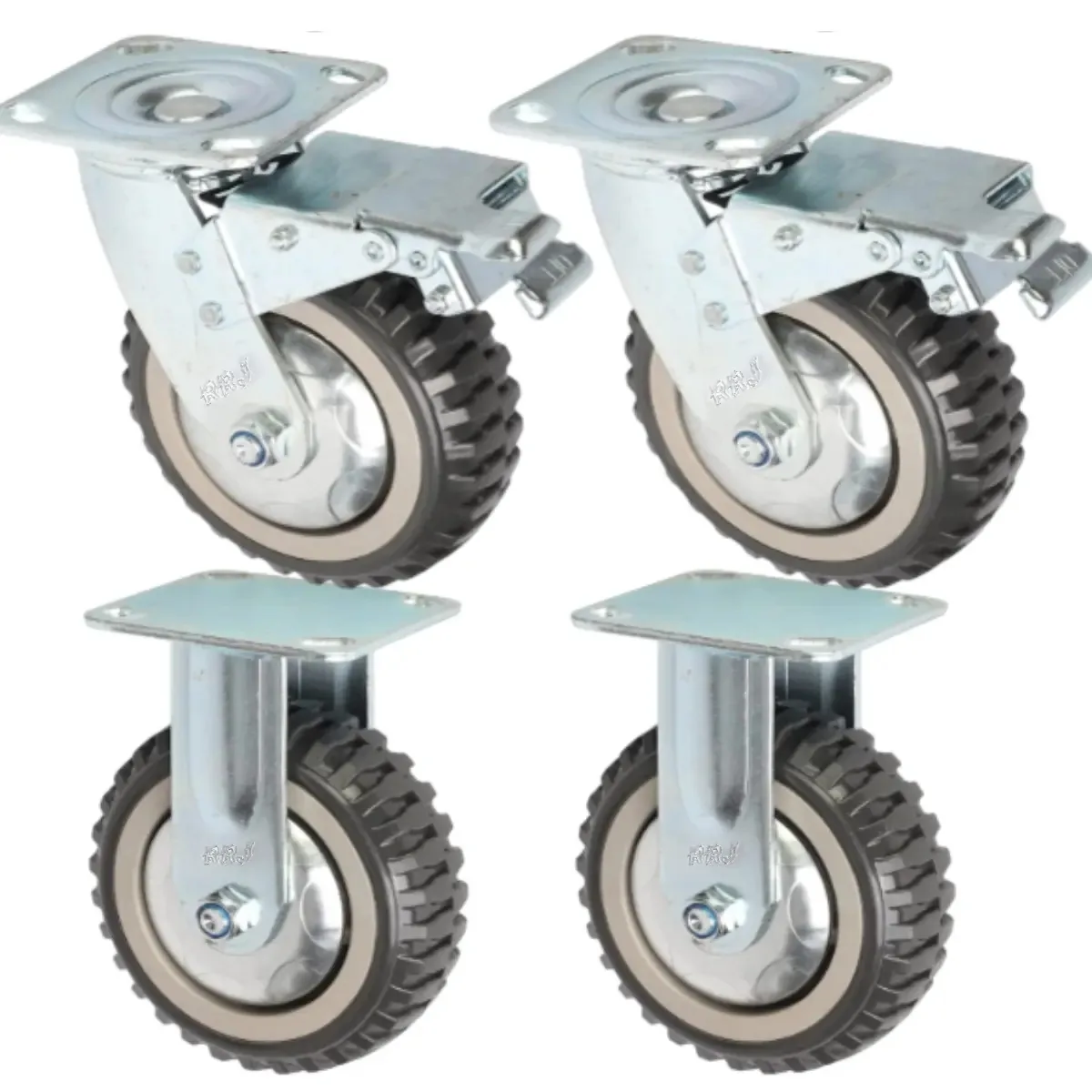 Kit 4 Rodízios Grande Reforçado 920kg Industrial Roda Giratória Com Trava E Fixa Para Moveis E Equipamentos Pesados Sem Trava Borracha Pvc Roda Maciça 5" Polegadas 125mm Marca Rrj
