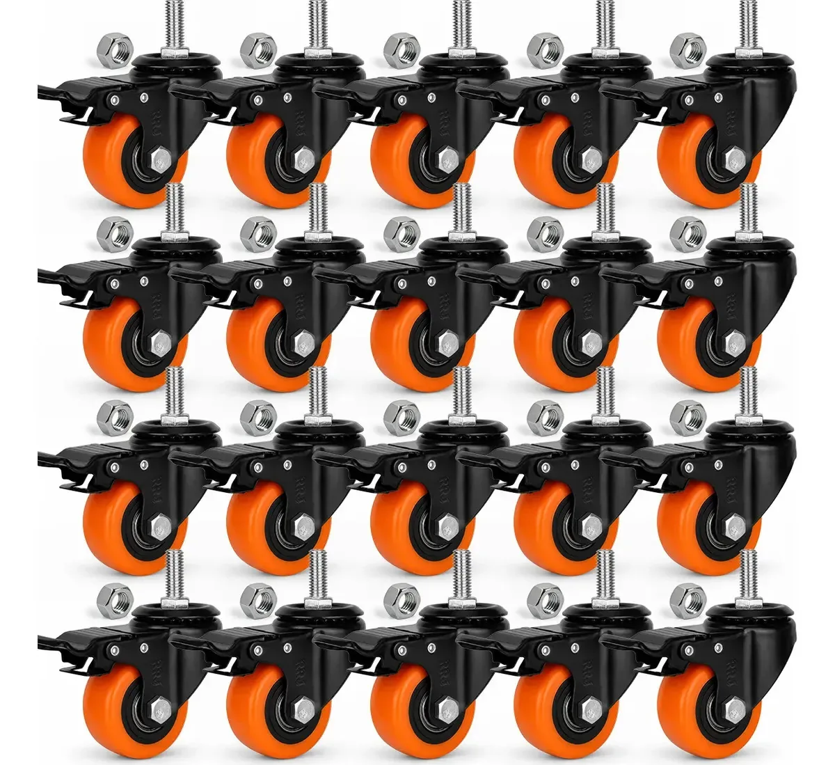 Kit 20 Rodízios Giratórios 5cm Laranja com Freio, para Móveis e Carrinhos Industriais RRJ