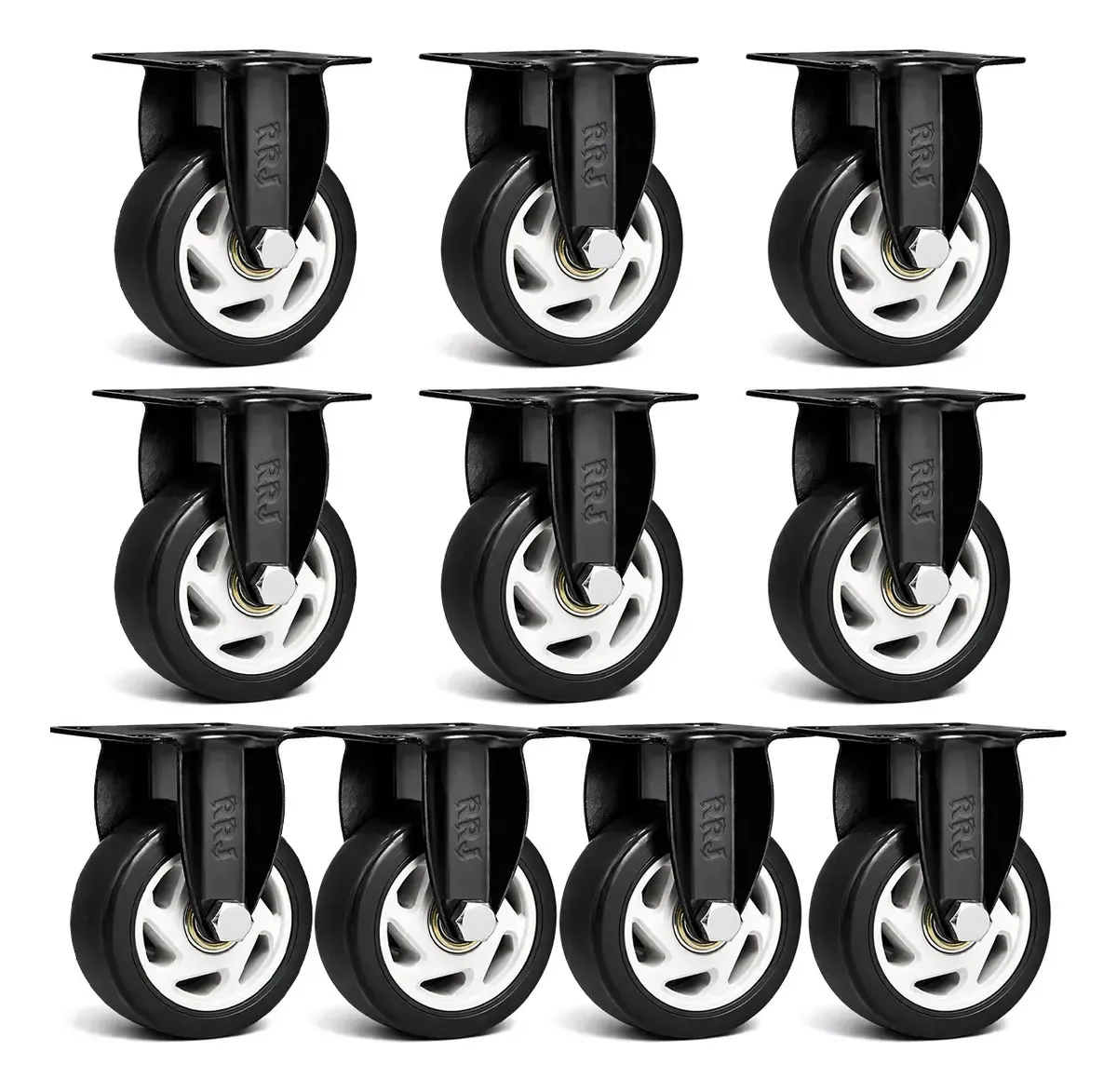 Kit 10 Rodízios Fixos Industriais de PVC Preto 3" para Móveis e Carrinhos