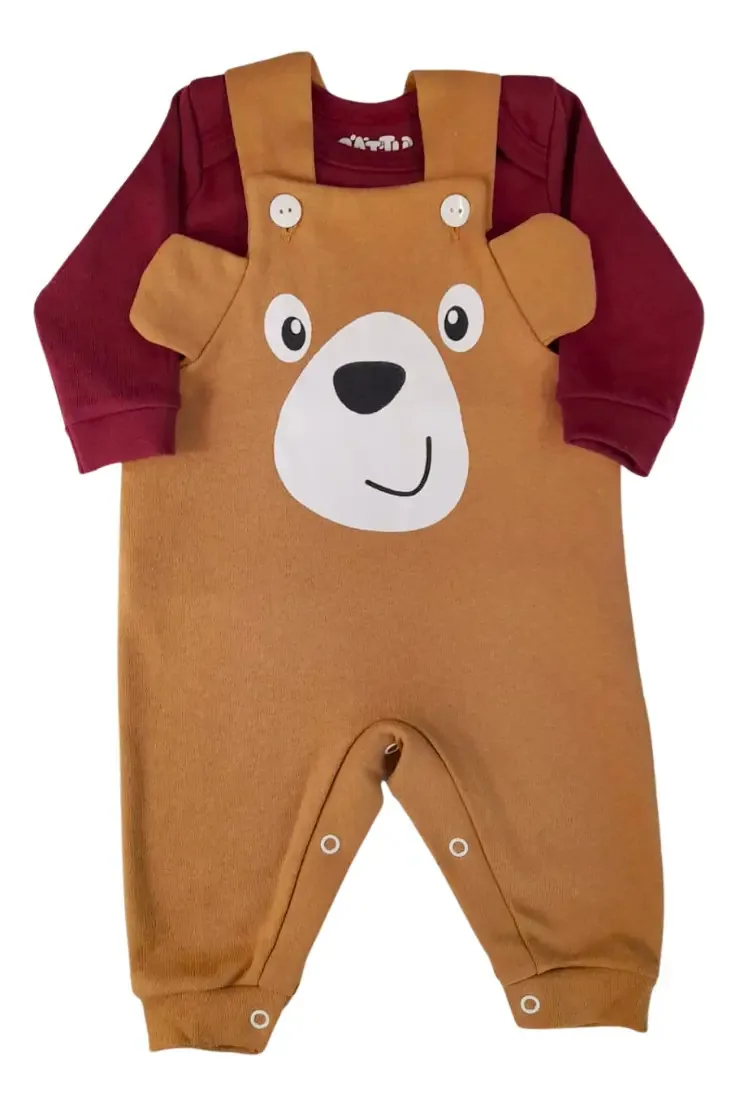 Conjunto Roupa De Bebê Jardineira 100% Algodão Ursinho Cor Bordô Tamanho P