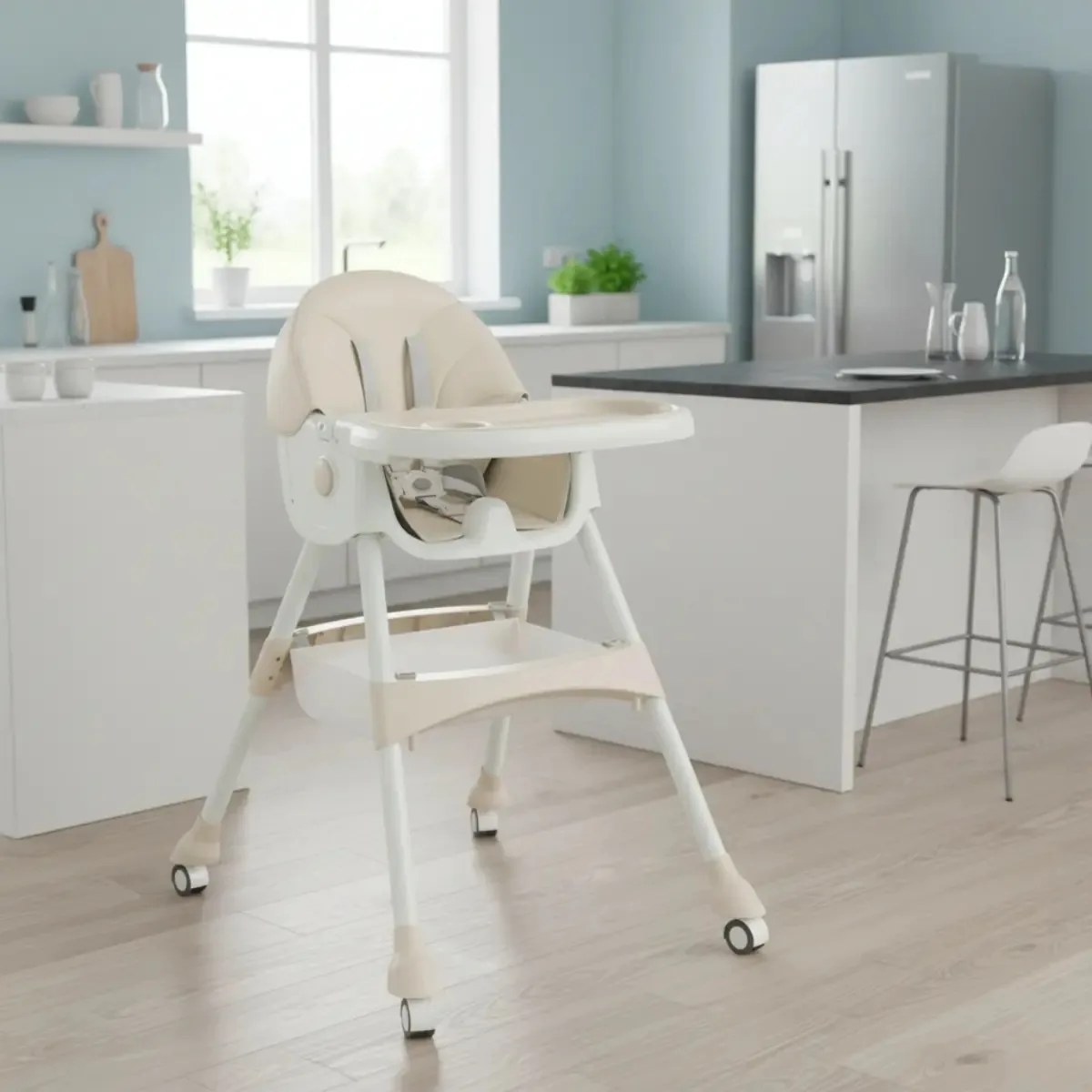 Cadeira de Alimentação Dobrável BrinqKids Premium com Rodinhas Bege