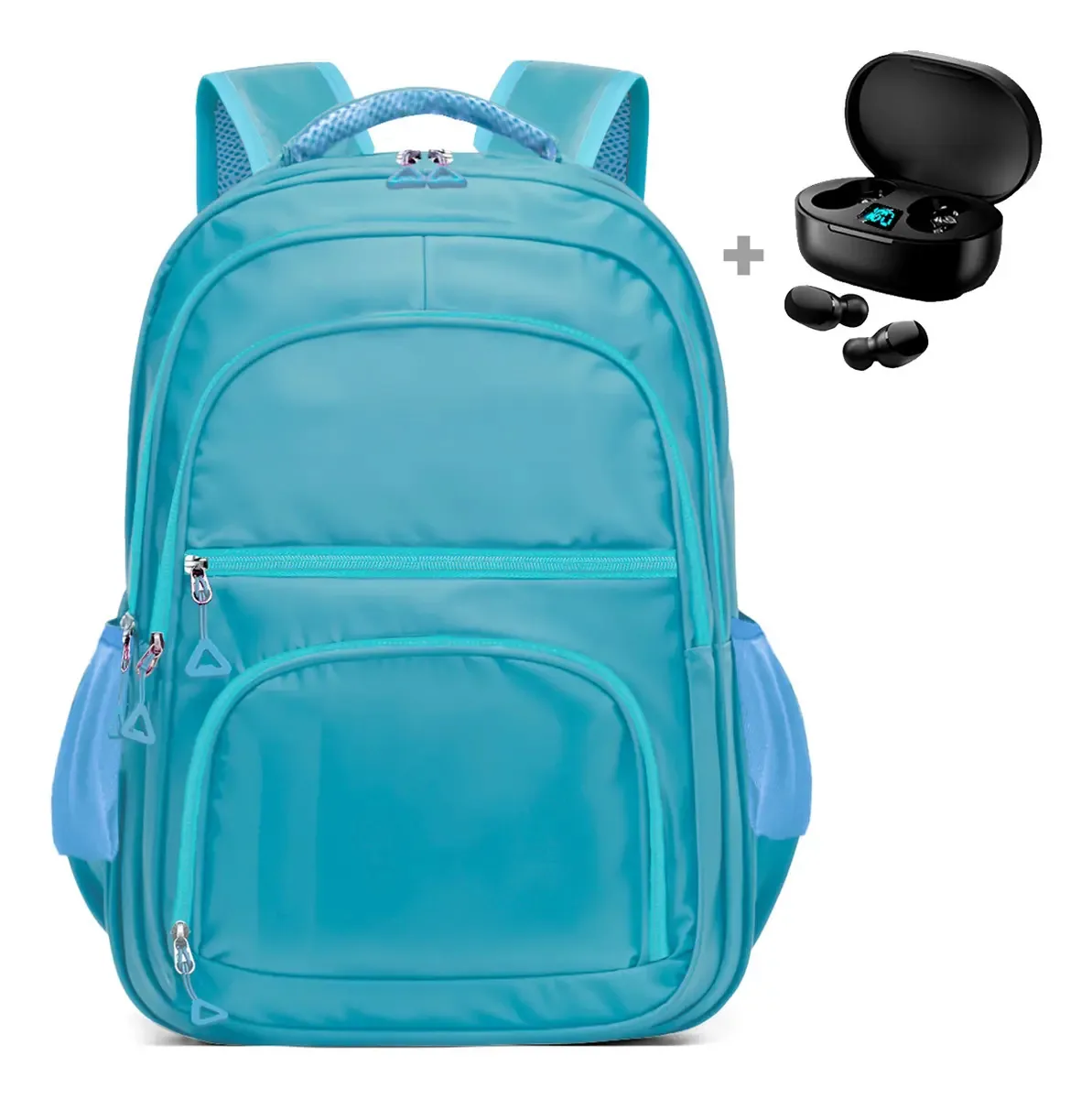 Mochila Escolar Passeio Moderno Trabalho+fone De Ouvido Cor Azul-claro Desenho Do Tecido Liso