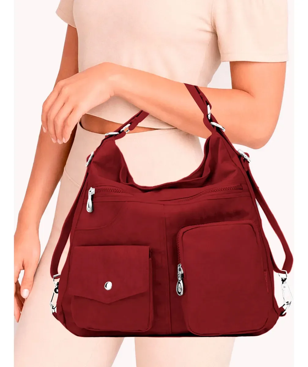 Bolsa Feminina Grande Estilo Mochila Passeios E Trabalho Acambamento dos ferragens Metal Cor Vermelho Desenho do tecido Lisa