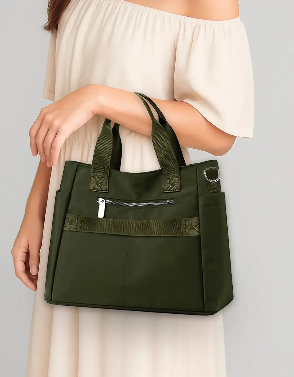 Bolsa Feminina Estilosa Grande Trabalho E Passear Acambamento Dos Ferragens Metal Cor Verde Militar Desenho Do Tecido Lisa