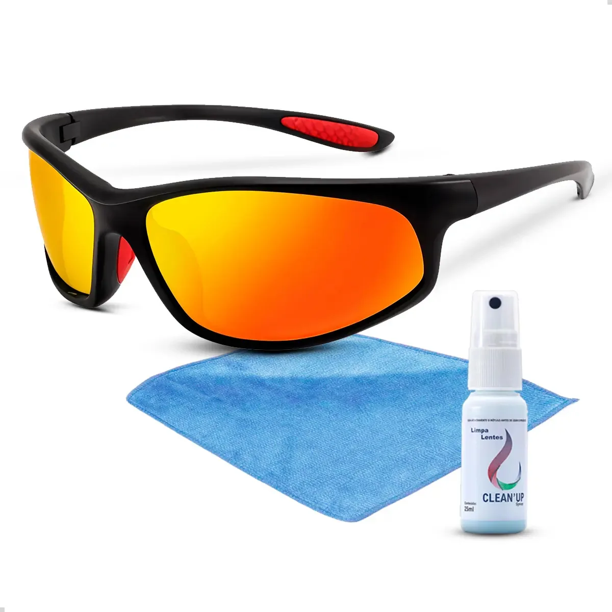 Kit Oculos De Sol Esportivo Spray Limpa Lentes E Flanela Lente Laranja