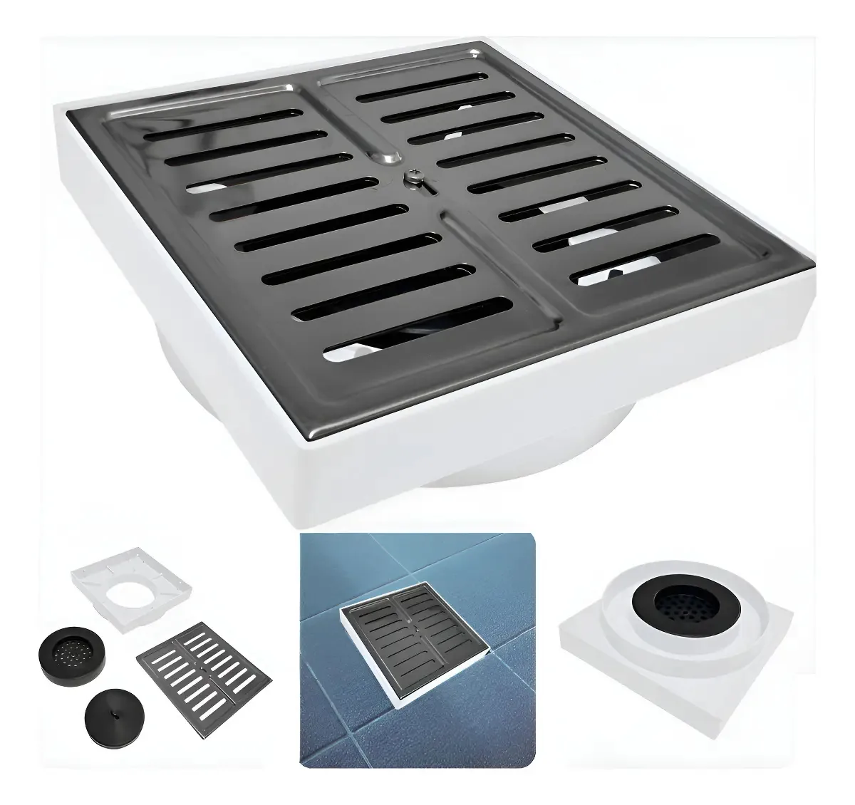 Ralo Oculto Invisível 15x15 Inox Dami Com Sifão Anti Odor Mau Cheiro Evita Insetos Baratas Para Porcelanato Piso Banheiro Box Lavabo Quadrado Grelha Tampa Veda Acabamento Premium Aço Inoxidável