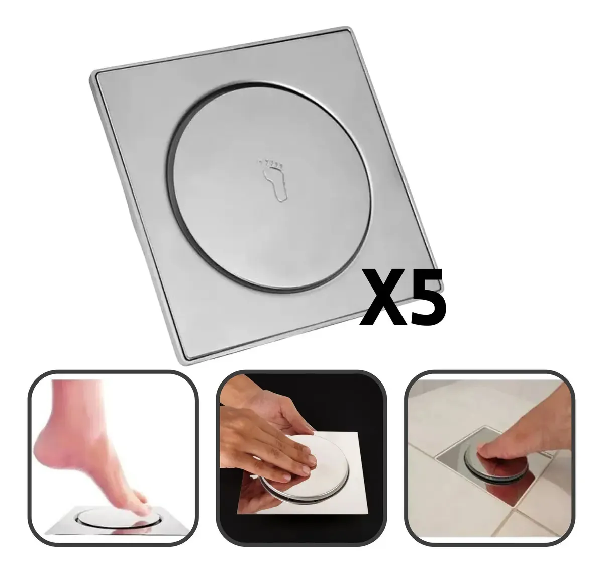Kit 5 Ralos Click Dami 10x10 Inteligente Pop Up Inox Oculto Invisível Para Banheiro E Cozinhas Acabamento Premium