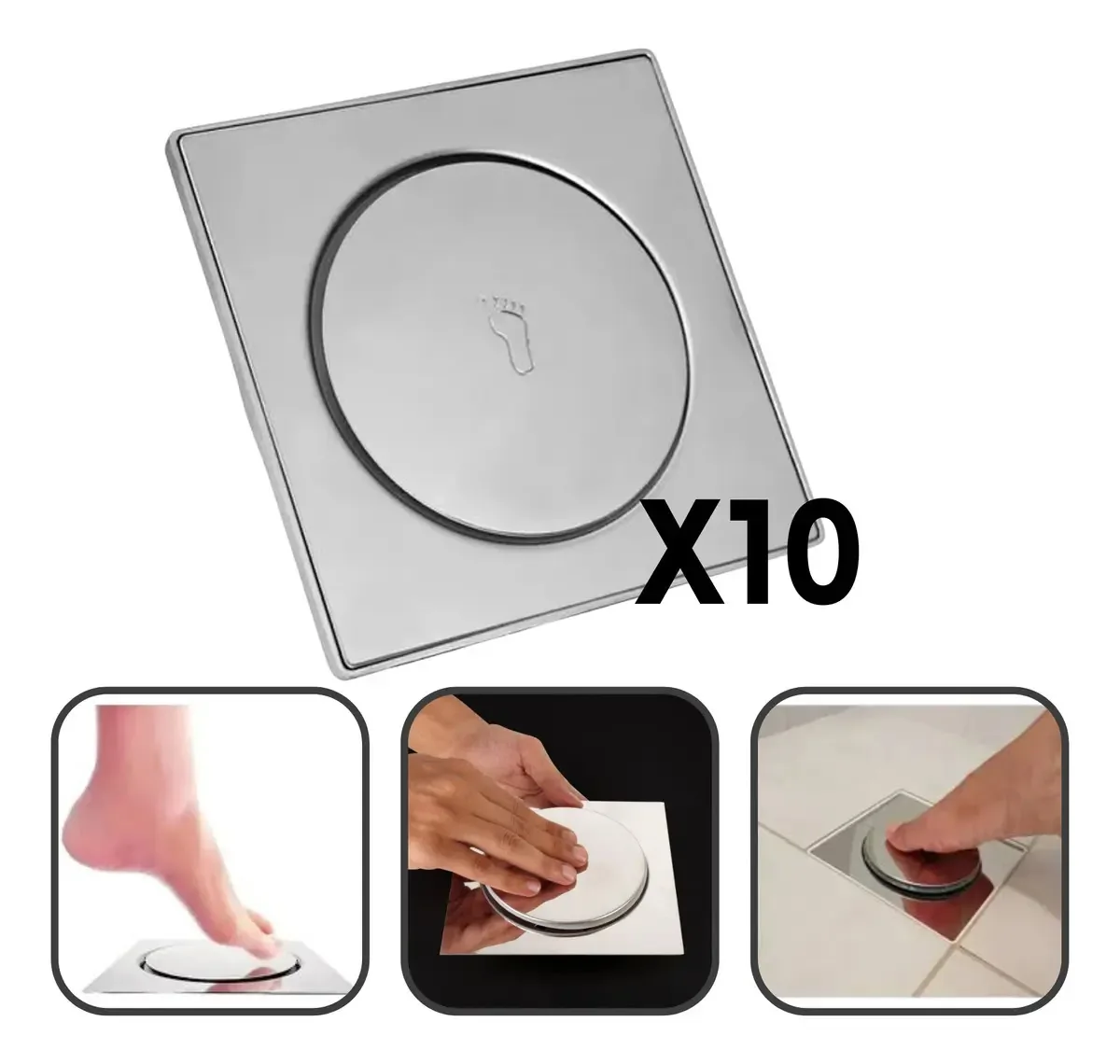 Kit 10 Ralos Click Dami 10x10 Inteligente Pop Up Inox Oculto Invisível Para Banheiro E Cozinhas Acabamento Premium