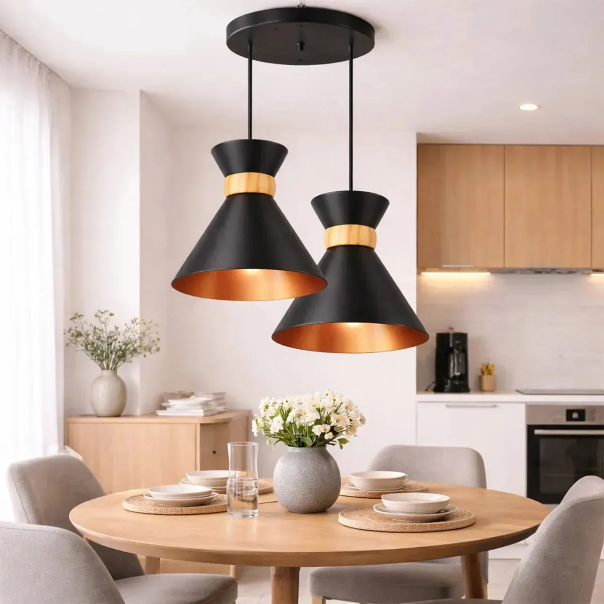 Luminária Lustre Pendente Aurora Duplo Moderno Sala Jantar Luxo Design Alumínio Madeira Iluminação Residencial Teto Bivolt 110 220v - Preto E Cobre