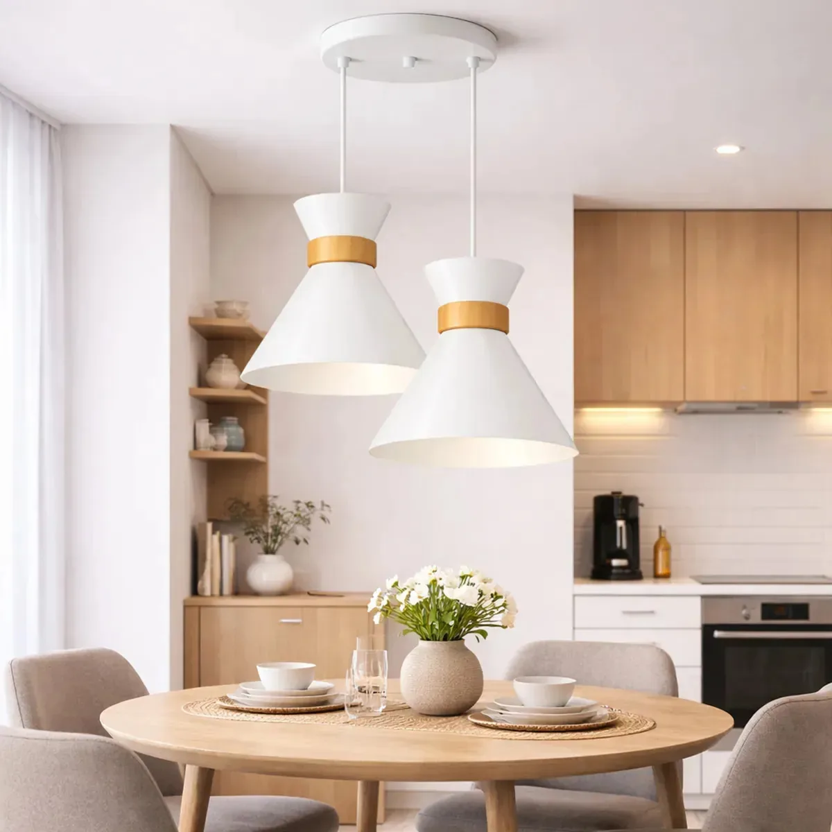 Luminária Lustre Pendente Aurora Duplo Moderno Sala Jantar Luxo Design Alumínio Madeira Iluminação Residencial Teto Bivolt 110 220v - Branco