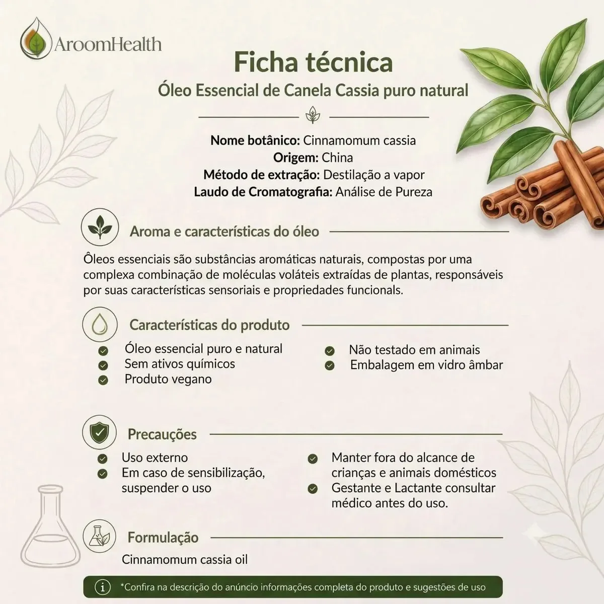 Óleo Essencial Canela Cássia Puro 10 Ml Aroom Health