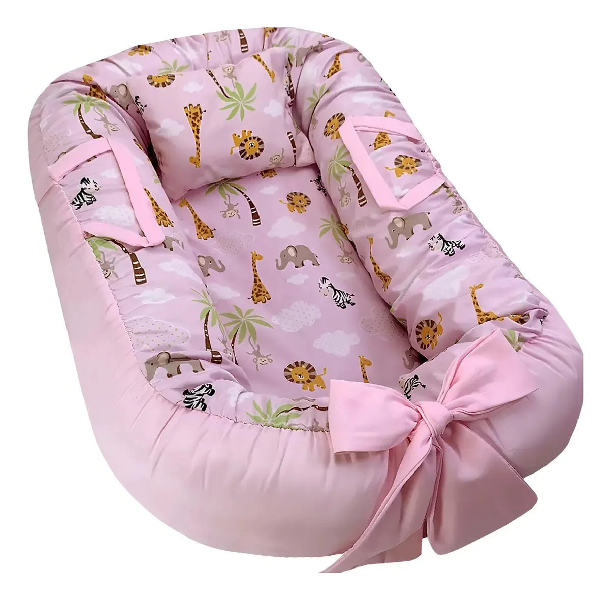 Capa De Ninho Redutor De Berço Estampado Com Almofadinha Cor Safari Rosa