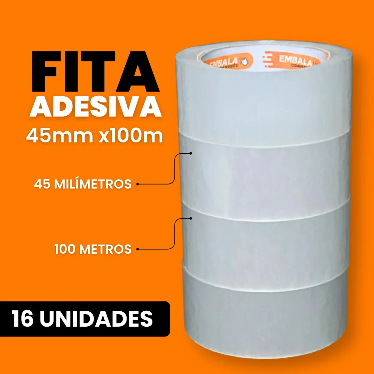 Pack 16 Fitas Adesivas Transparente Embala Commerce de 45mm x 100m para Embalagem e Caixas