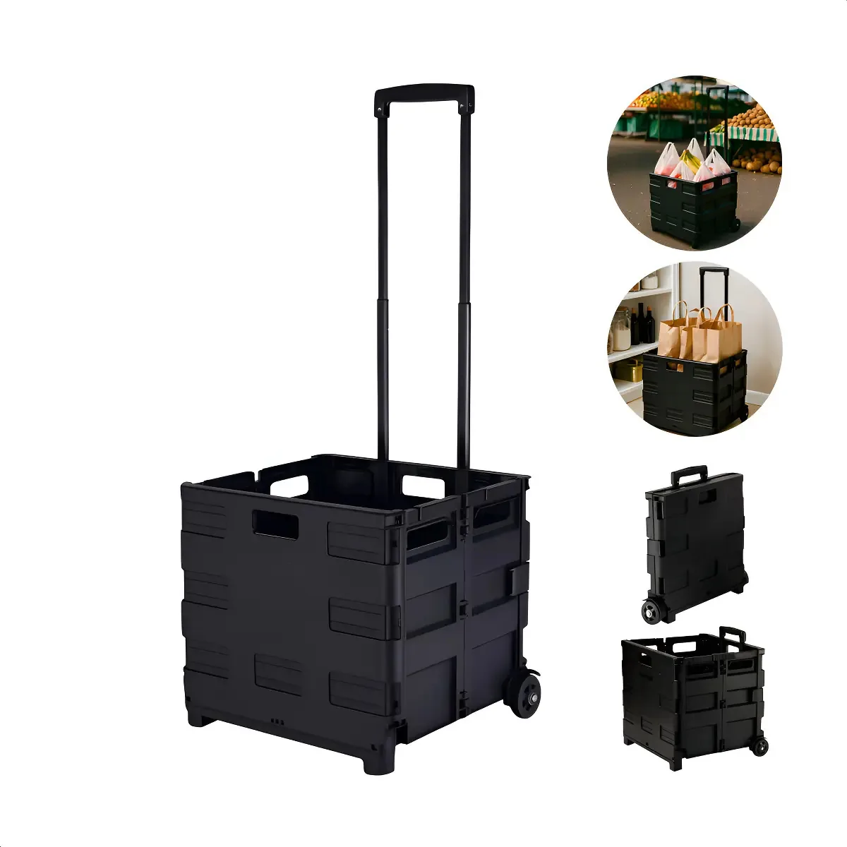 Carrinho Feira Dobrável Jhamba 42x36,5x39,5cm Preto Portátil Rodas Leves Plastico/Aço