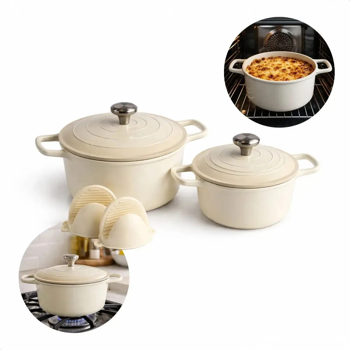 Kit Jogo Panelas 2 Caçarolas Com Indução Cerâmica Creme C/ Pegadores 20 Cm E 24 Cm - Jhamba