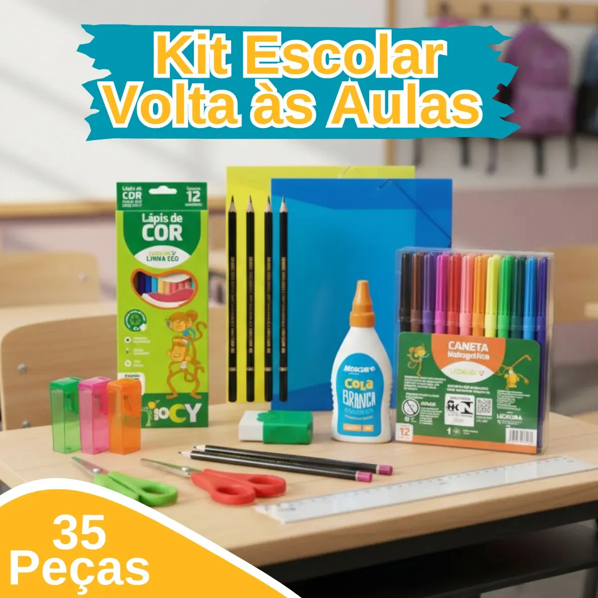 Kit Material Escolar Completo Com Canetinha Caneta Lápis De Cor 35 Peças Volta As Aulas Digital Informatica