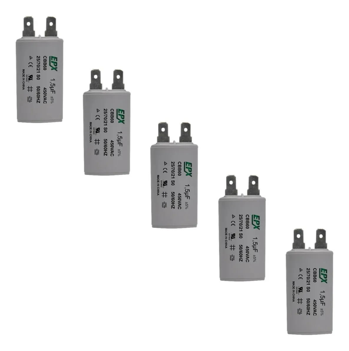 Kit 5 Capacitores Permanentes 1,5uf 450v Terminal Cbb60 Epx