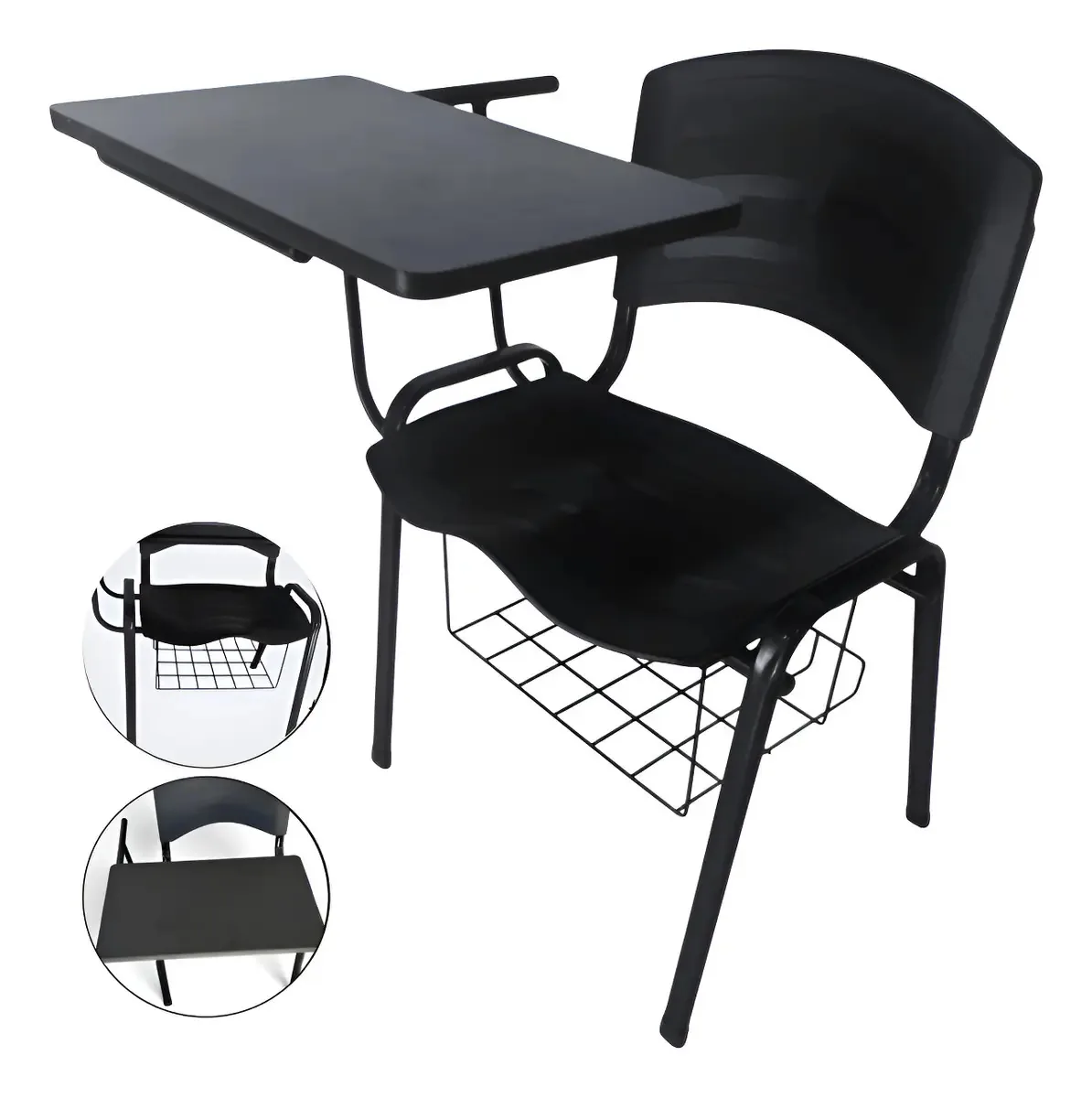 Kit 6 Cadeiras Universitárias Pretas Prancheta Frontal MDF com Cesto
