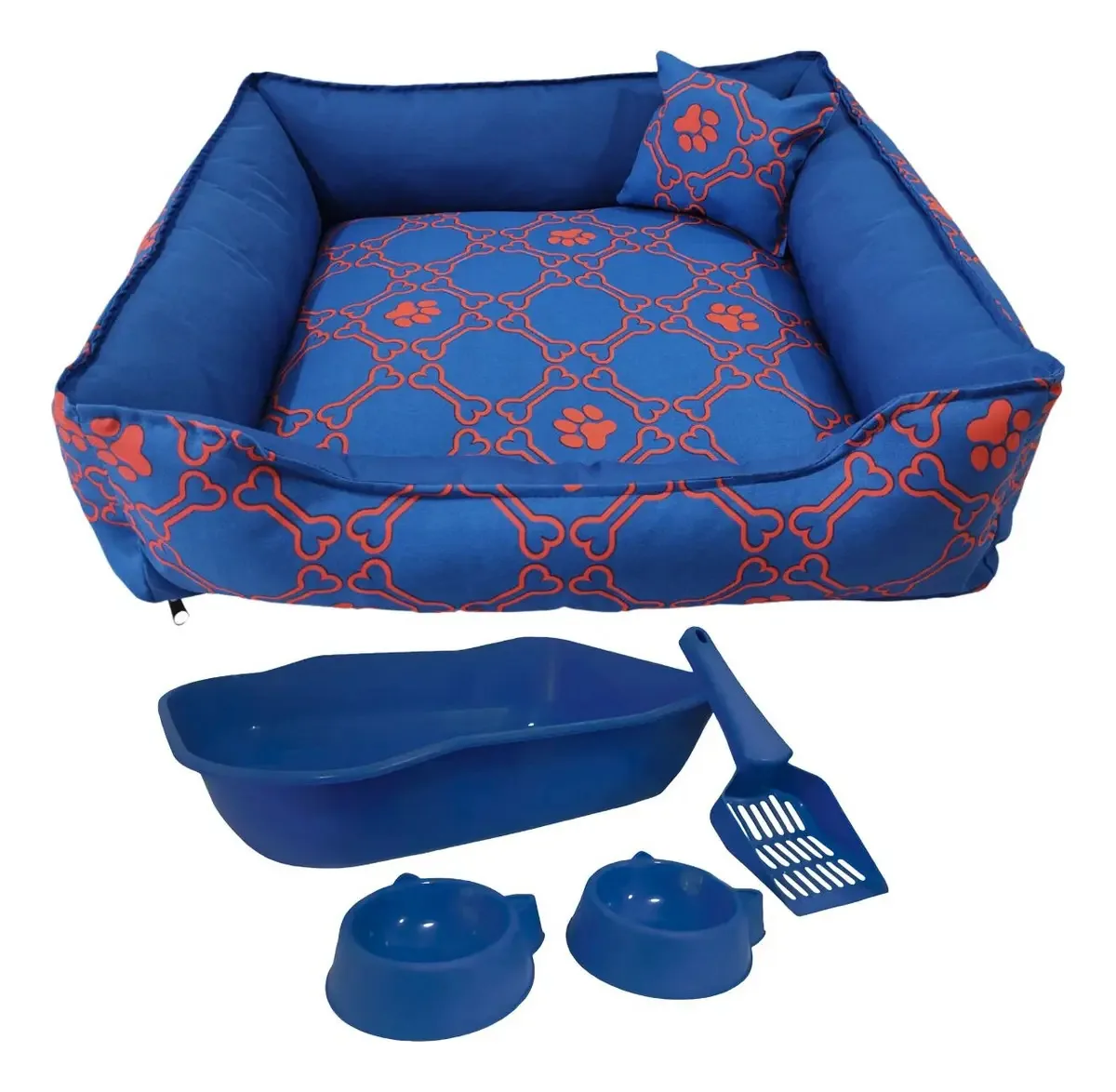 Cama Quadrada Estampada G Para Gatos Com Kit Higiene E Potes Cor Azul-marinho Desenho Estampado