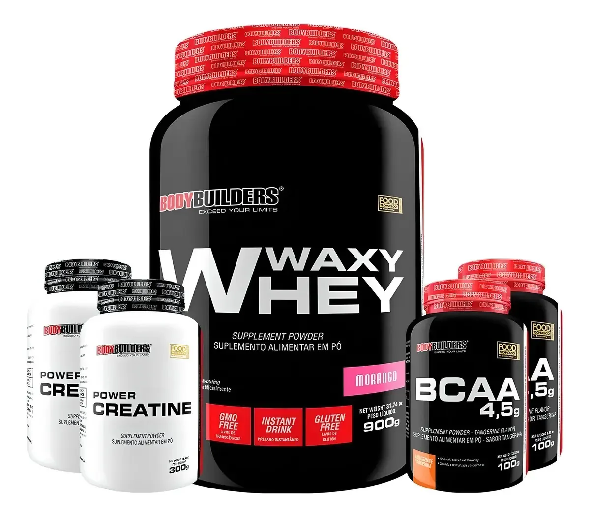 Kit Suplementos: Whey Waxy Protein, BCAA e Creatina Bodybuilders Baunilha Com 5 Unidades