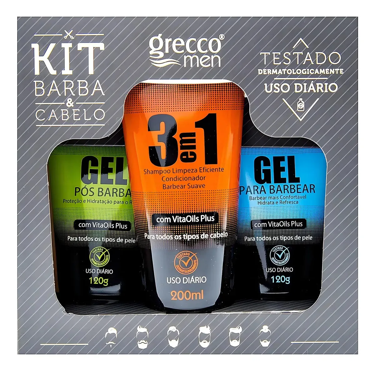 Kit 3 Produtos Barba & Cabelo Masculino Grecco Men