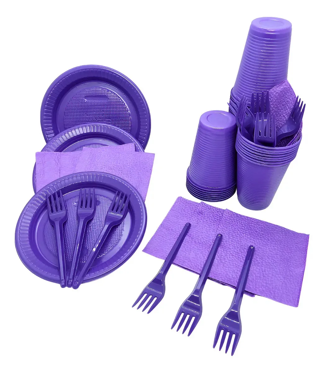 Kit 200 Descartáveis De Festa - Copo Prato Garfo Guardanapo Cor Roxo Lisa