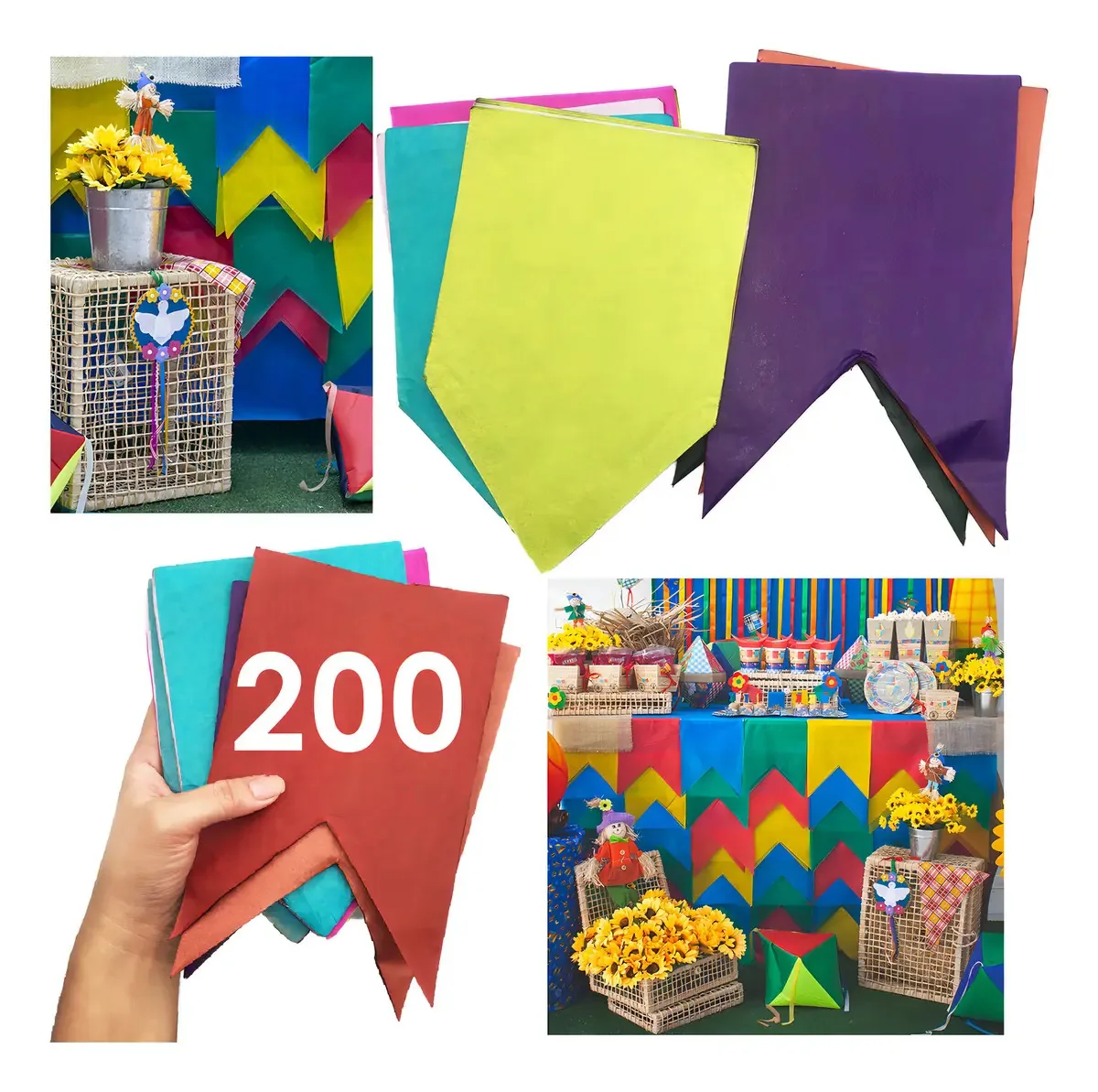 200 Bandeirinhas Grandes Junina Seda S/corda São João