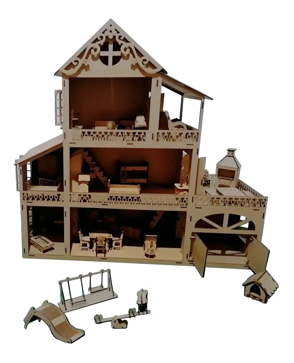 Casa de Boneca Polly Lol Madeira Kits e Gifts 60cm com Móveis e Garagem