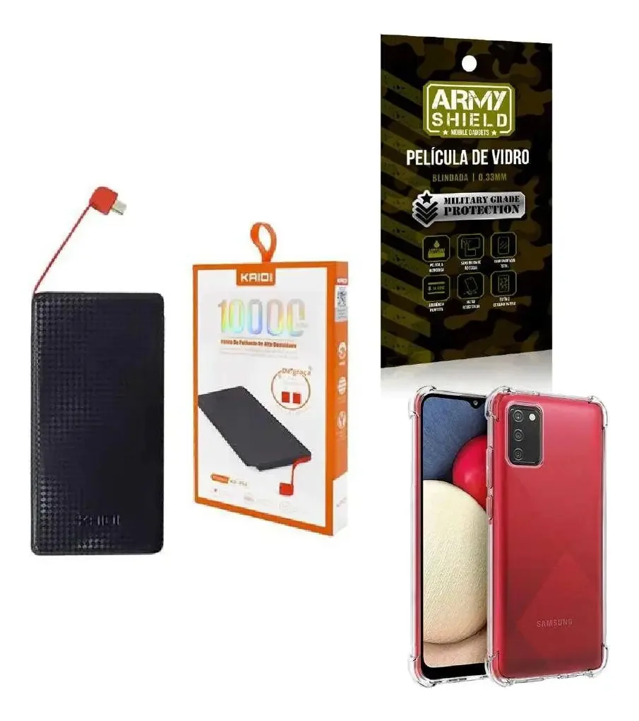 Kit Power Bank 10000mah + Capinha Samsung A03s + Película 3d