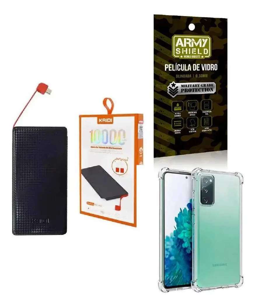 Kit Power Bank 10.000mah + Capa Samsung S20fe + Película 3d