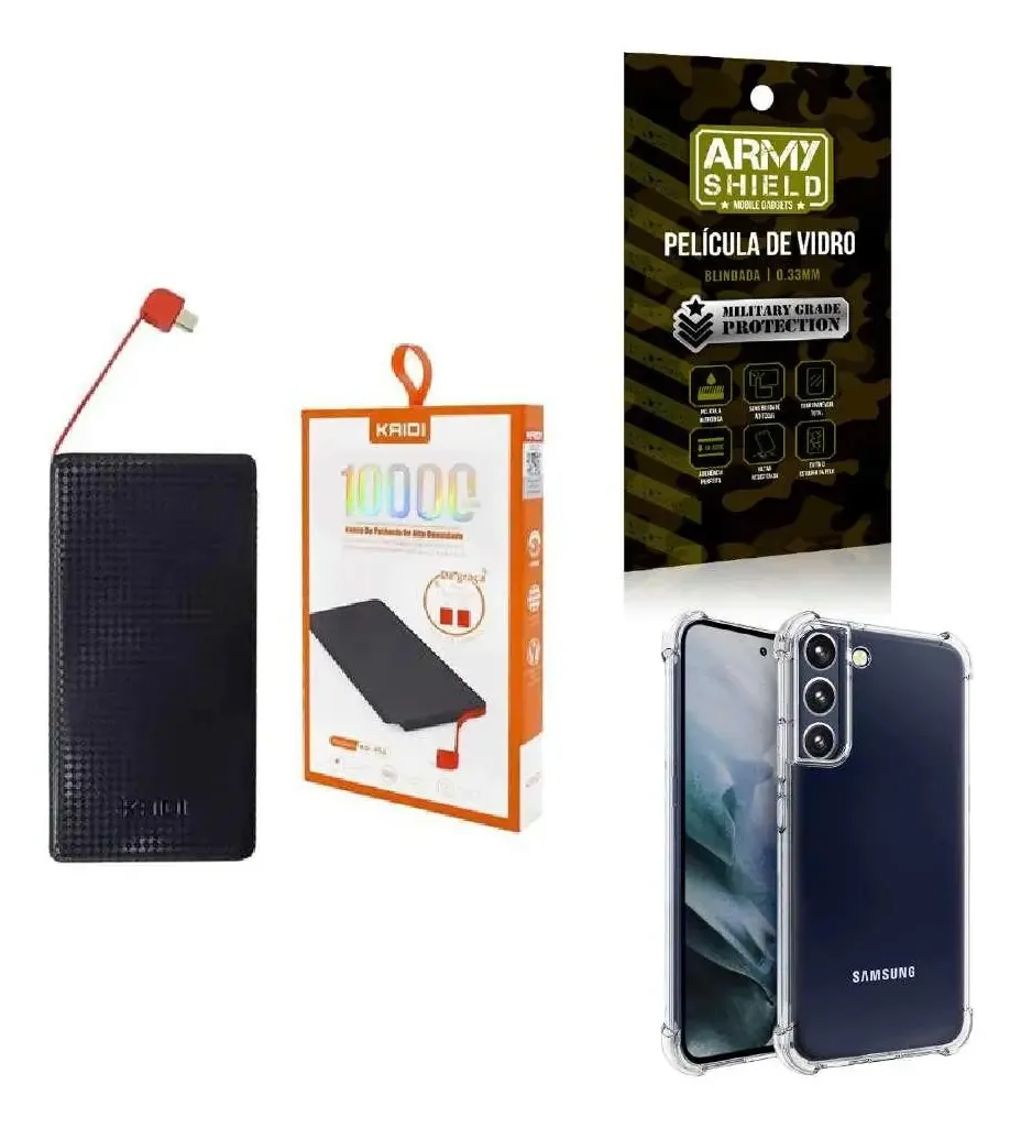 Kit Power Bank 10.000mah + Capinha Samsung S22 + Película 3d