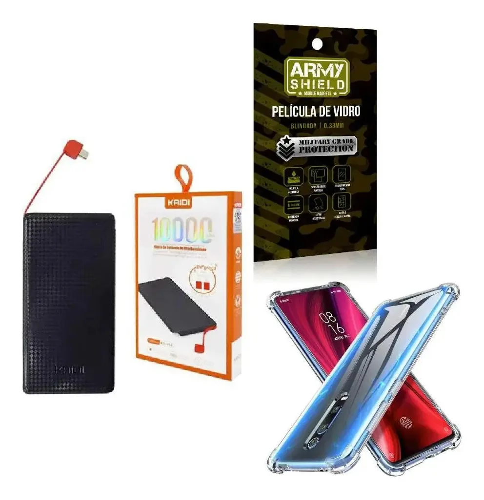 Kit Power Bank 10.000mah + Capinha Xiaomi Mi9t + Película 3d