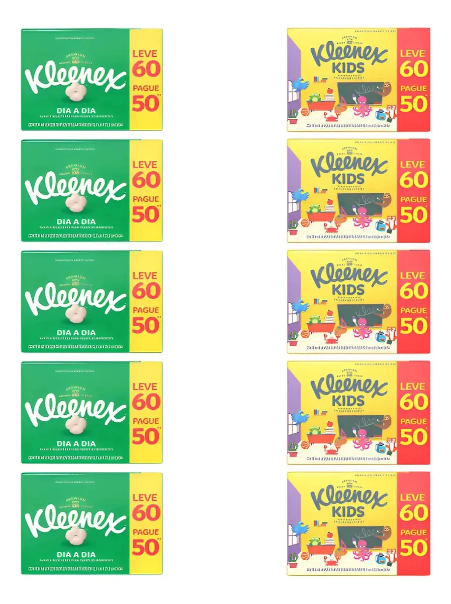 Kit Com 10 Caixas De Lenços De Papel Kleenex Descartável Leve 60 Pague 50 = 600 Folhas