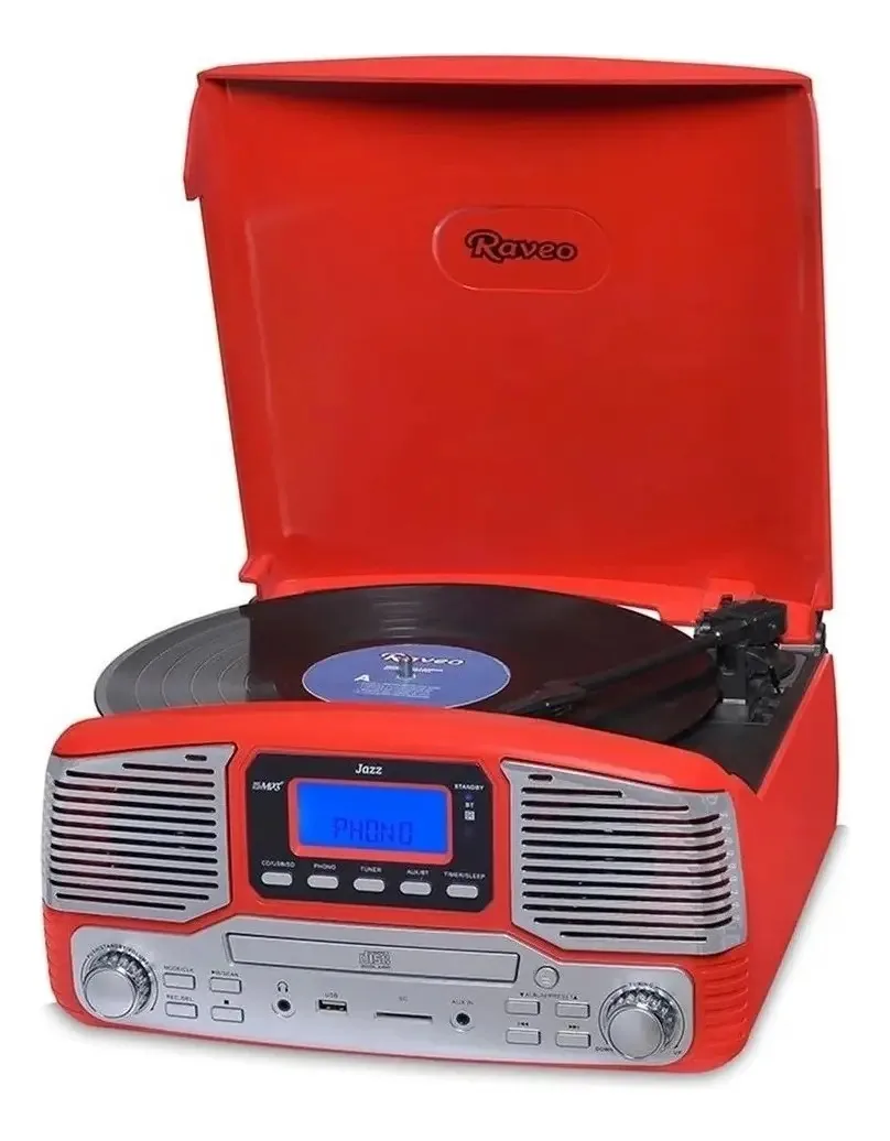 Toca Discos Raveo Jazz Vermelho Bluetooth Usb E Sd Fm Cd Pl